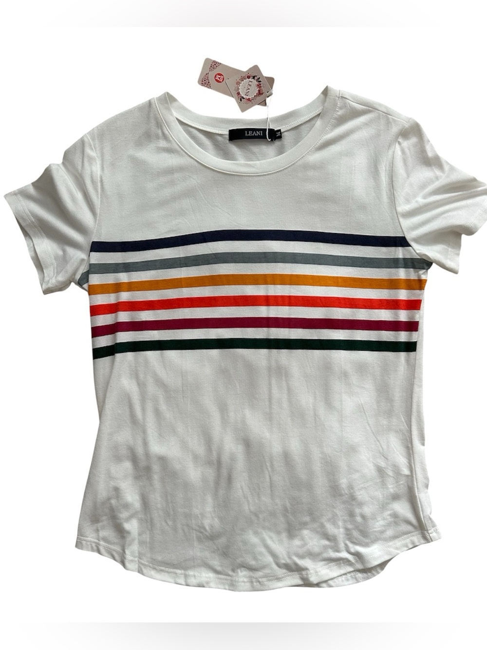 LEANI Modern white /Colored Stripes short sleeve top Women’s Medium NWT